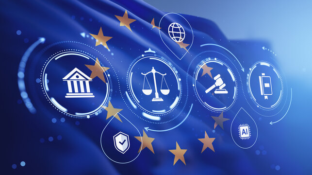 Digital legal and governance icon set over European flag with stars depicting justice, regulation, security and technology concept. 3D Rendering