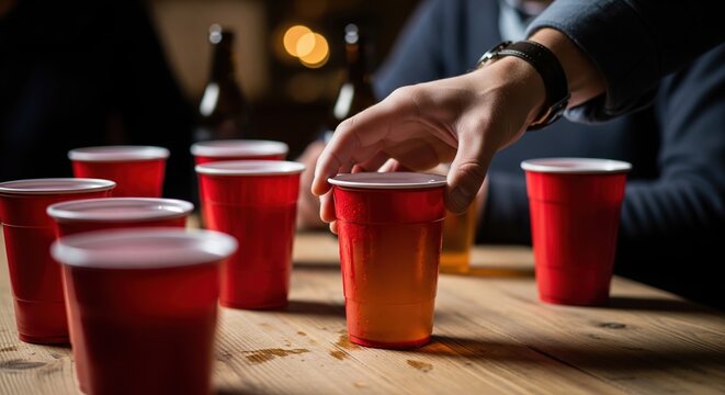 Hand Reaching To Take Red Plastic Cup During A Party Game On Wooden Table