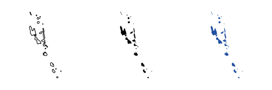 Map outlines and filled shapes of Vanuatu islands in black and blue