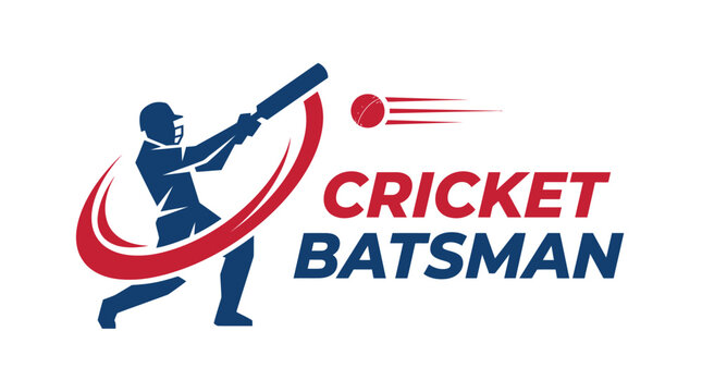 Professional cricket batsman icon vector illustration featuring a dynamic red swoosh and blue sports equipment logo