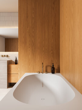 Modern bathroom interior with white bathtub, wooden wall panels, minimalist fixtures and serene architectural design emphasizing warm textures. 3D Rendering