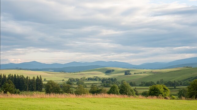 breeze. Tranquil countryside with rolling green hills bathed in soft sunlight, evoking peaceful serenity. travel magazines, destination branding, designed for travel destination branding.