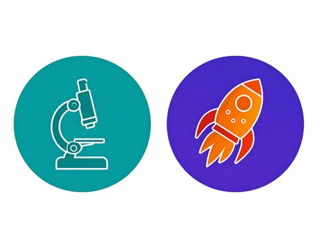 Microscope and rocket ship circular icons representing science and technology innovation.