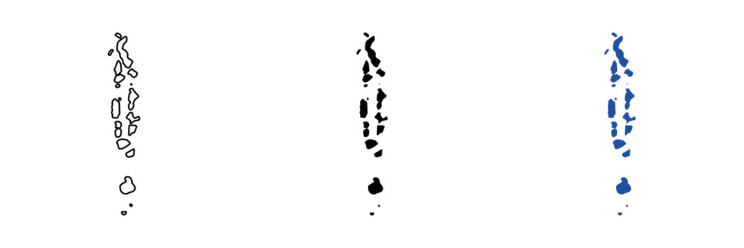 Map outlines of the Maldives archipelago in different styles