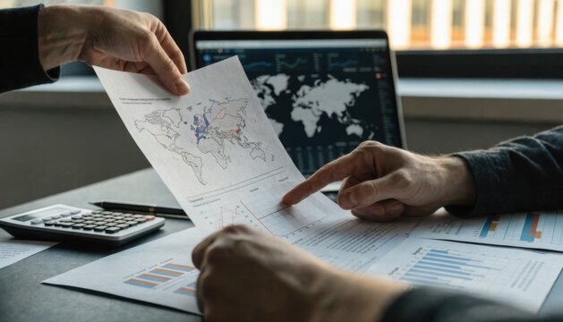 Two people analyze printed charts and maps with a world map displayed on a laptop, discussing data and financial reports in an office setting.