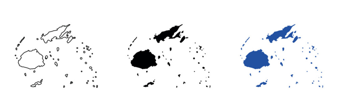 Map outlines of Fiji islands and surrounding smaller islands in black and blue
