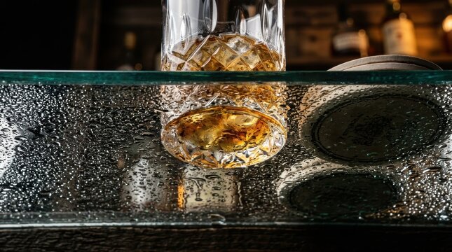 Hyperrealistic photography of a crystal glass with amber liquid on a rain drenched glass surface, detailed high fidelity widescreen background and beverage texture.