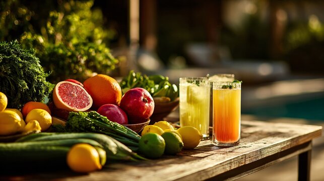 A lifestyle scene with fresh produce displayed on an outdoor table with drinks under soft daylight