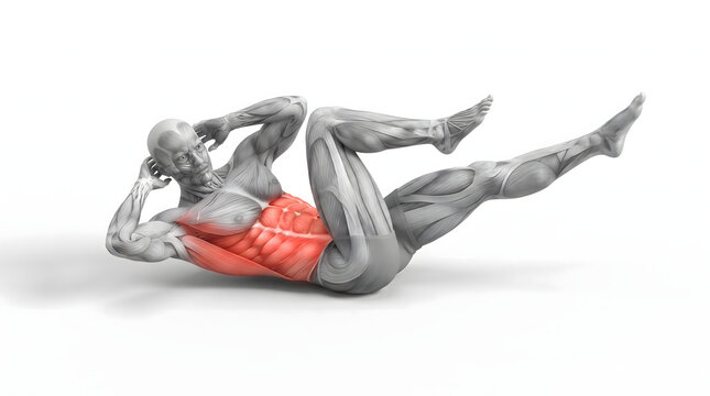 Anatomical 3D illustration of a male figure performing abdominal crunches with highlighted red rectus abdominis and oblique muscles on a white background