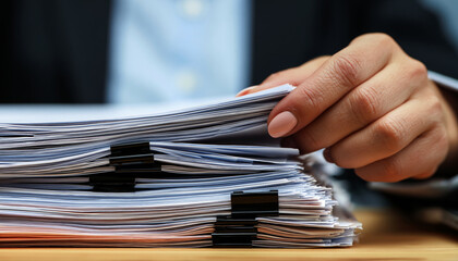 Fototapeta premium close-up of a businesswoman's hand flipping through a thick stack of organized documents