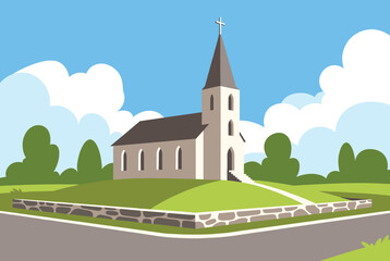 Naklejka premium Rural church building standing on a grassy hill with stone wall under a blue sky with white fluffy clouds.