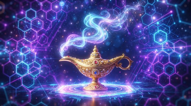 Golden Magic Genie Lamp with Mystical White Smoke on Futuristic Neon Background