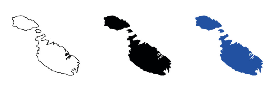 Malta island archipelago outline map in three distinct styles for design