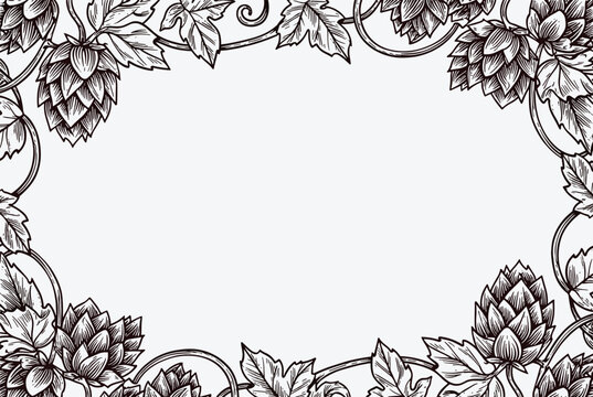 Beautiful border frame made of hand drawn vintage engravings of hop cones and leaves for banner background.
