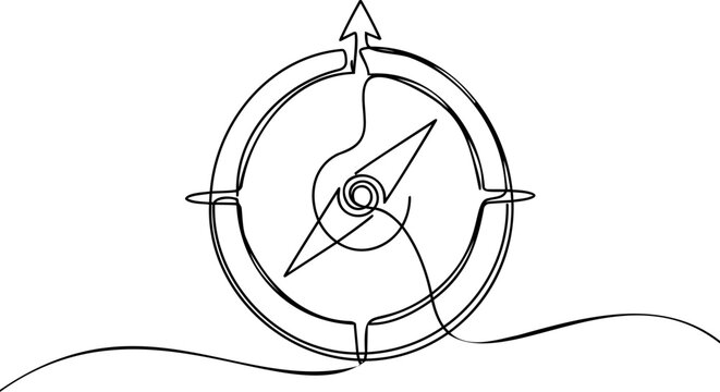 Continuous one line drawing of generic navigation compass and travel direction concept vector