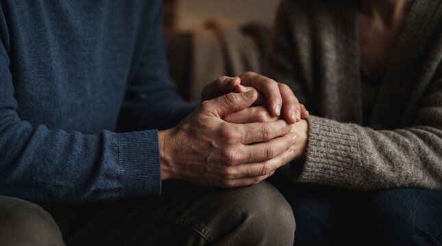 ​A close-up shot of two people sitting together, with one person gently holding the other's hands in a comforting and supportive gesture.