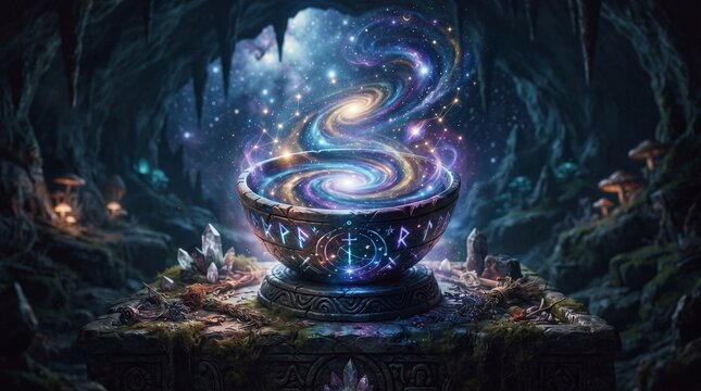 Glowing crystal ball in a mystical cave. Swirling galaxy inside orb. Fortune teller's magical tool.