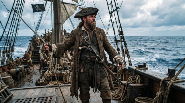 Pirate captain standing on ship deck. Swashbuckling sailor on a vessel. Maritime adventurer at sea