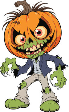 Funny Zombie Pumpkin Character Halloween Vector Clipart