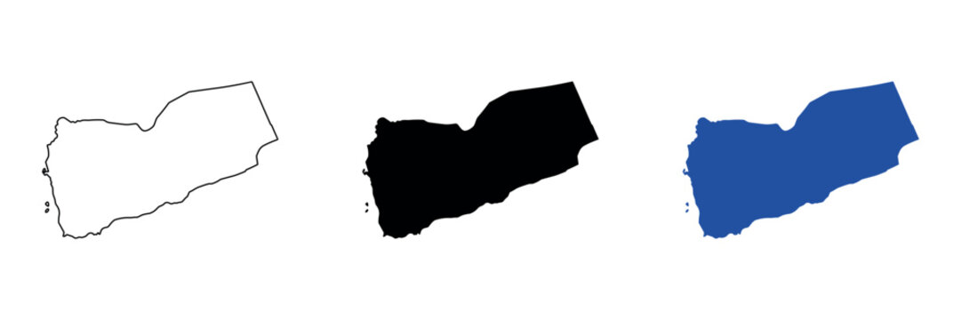 Outline map of Yemen in three styles: outline, solid black, and solid blue