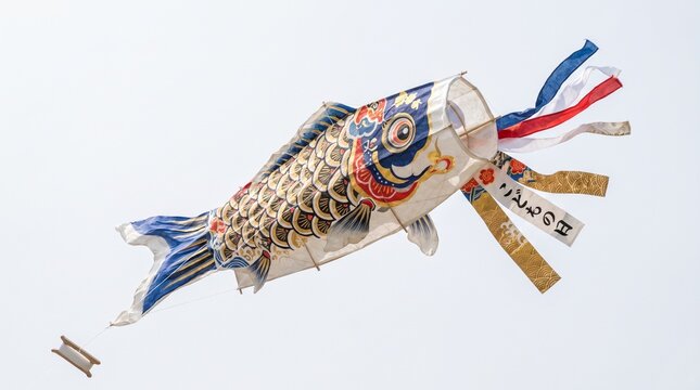 Colorful kite in the shape of a fish. Decorative carp kite flying high. Traditional Japanese windsock.