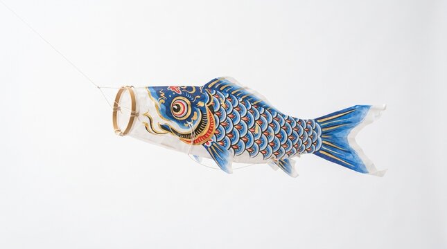 Colorful fish sculpture with orange and blue scales. Decorative fish art with shiny scales. Handmade aquatic ornament.