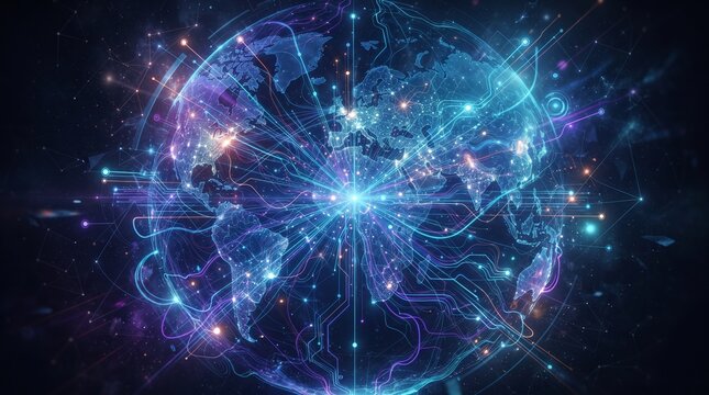 Glowing blue neural network. Artificial intelligence concept. Futuristic technology background.