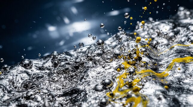 Water splashing with yellow liquid. Dynamic fluid motion. Abstract background