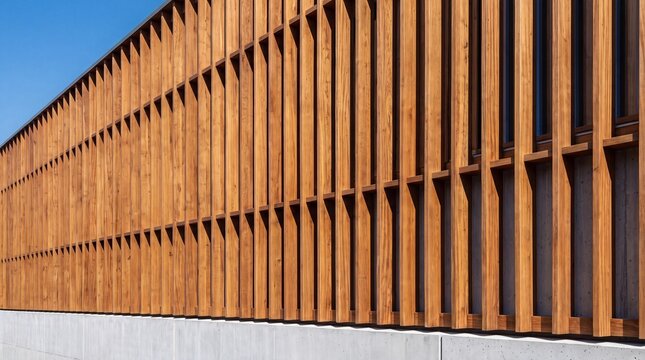 Modern architectural wooden facade with vertical louvers against blue sky
