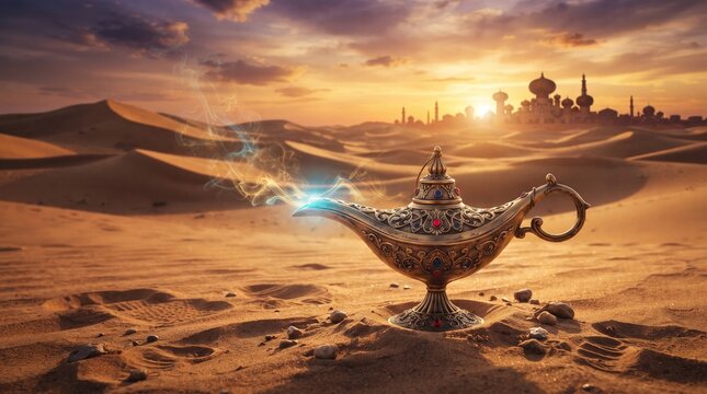 Magic lamp in desert sand. Ancient oil lamp glowing bright. Fantasy Arabian Nights scene.