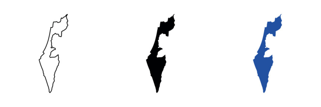 Outline and filled map silhouettes of Israel on a white background