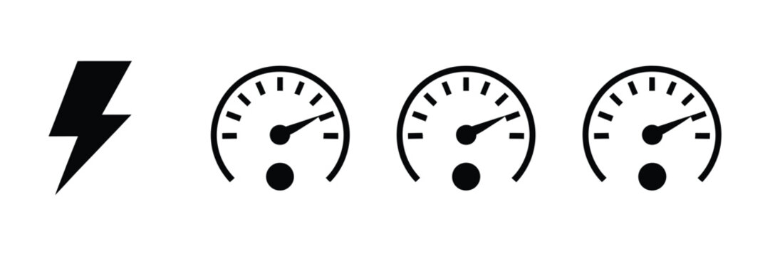 Speedometer icons with lightning bolt high performance speed gauge acceleration and power meter symbols for automotive and technology design
