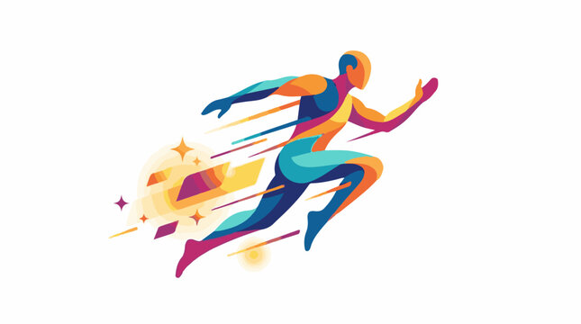 Dynamic abstract runner in motion with colorful streaks and stars