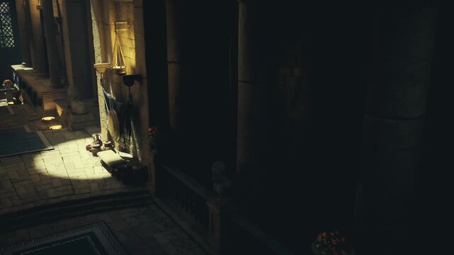 sunlit sacred entrance with offering niche and lion sculpture, patterned rugs and recessed lights guiding through framed arches into deeper hall, warm textured