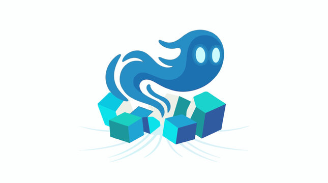 Whimsical blue ghost emerging from floating colorful cubes