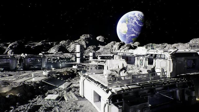 Desolate lunar outpost beneath Earthrise, abandoned and weatherbeaten, broken modules, scattered debris, silent antennas and dark corridors suggesting past