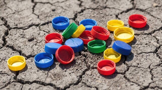 Colorful plastic bottle caps scattered on dry cracked earth ground representing environmental pollution.