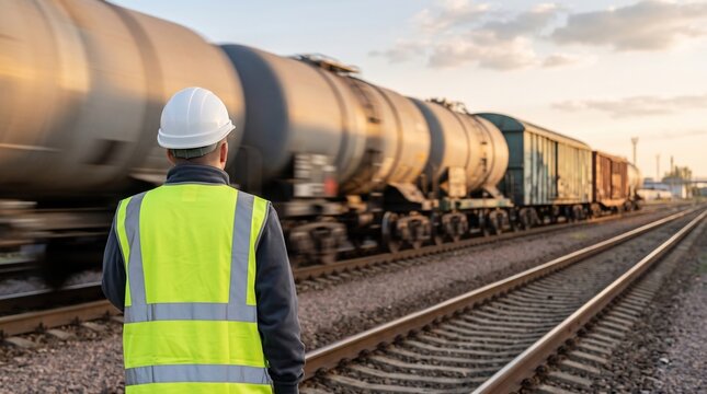 Railway worker in high visibility vest observing a freight train passing by at golden hour in the evening