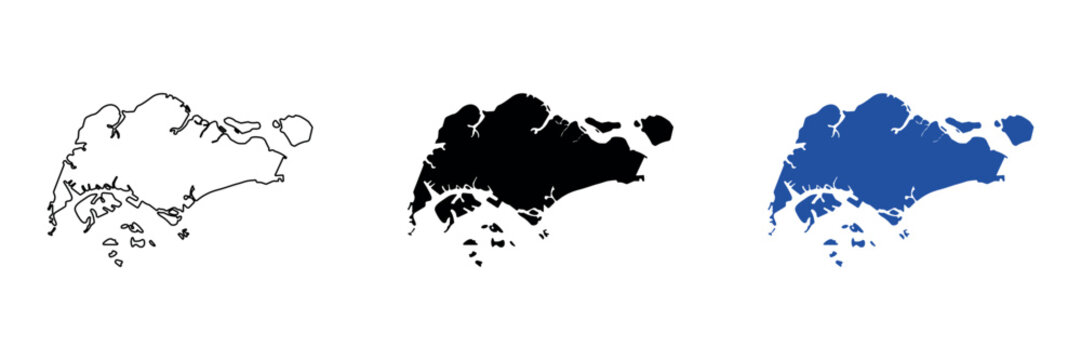Map outline of Singapore island and surrounding islets in blue and black
