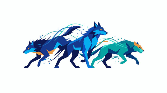 Three abstract geometric wolves in motion with dynamic blue and green accents