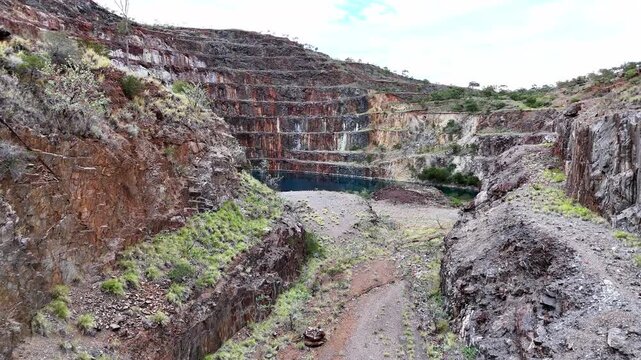 Aerial View of the Abandoned Mary Kathleen Uranium Mine Open Pit with Vibrant Blue Water, Outback Queensland Australia