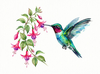 Fototapeta premium Watercolor Tropical Hummingbird in Flight Illustration Isolated White Background