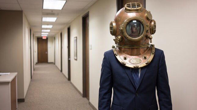 Man in Diving Helmet Standing in Office Hallway.