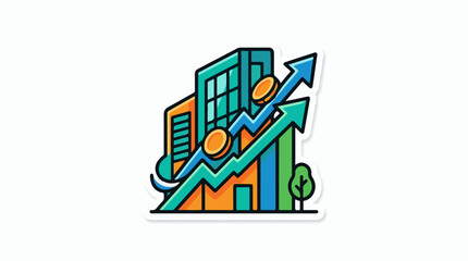 Obraz premium Stylized building with upward arrows coins and a tree