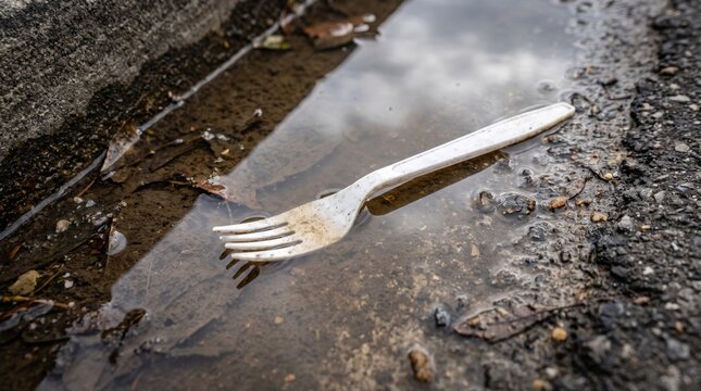 A dirty plastic fork lies in a puddle of water on the ground, symbolizing pollution and discarded waste.