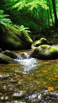 peaceful forest stream flowing over mossy rocks surrounded by vibrant green foliage and clear water reflecting sunlight