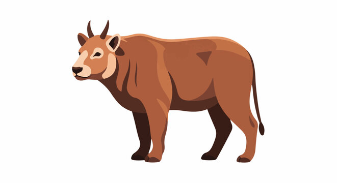 Stylized brown bovine with short horns and a long tail