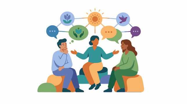 Diverse people in discussion with symbols of ideas and peace