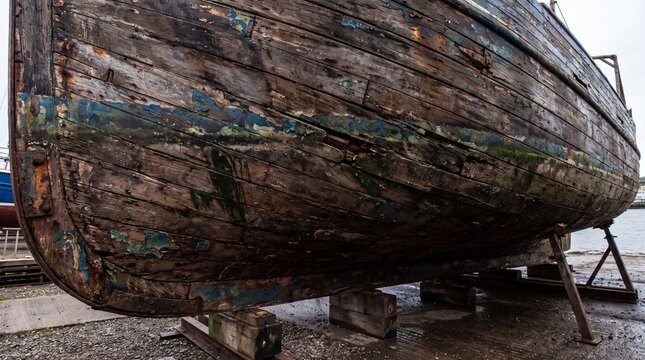 Weathered old wooden fishing boat hull resting on a shipyard dock