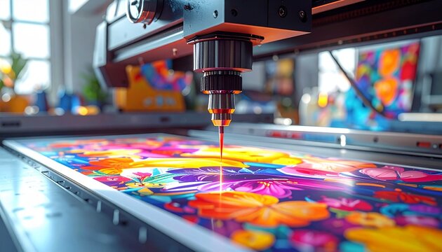 Industrial large format printer creating colorful graphic print
